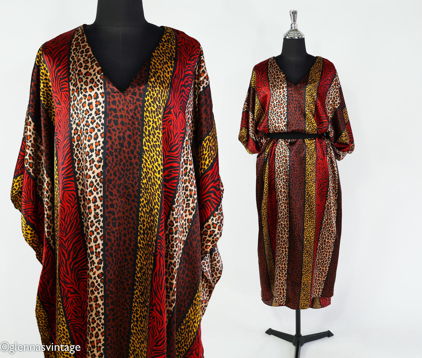 1990s Vintage Red & Gold Animal Print Caftan | Plus Size Dress