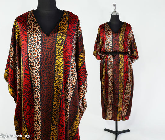 1990s Vintage Red & Gold Animal Print Caftan | Plus Size Dress
