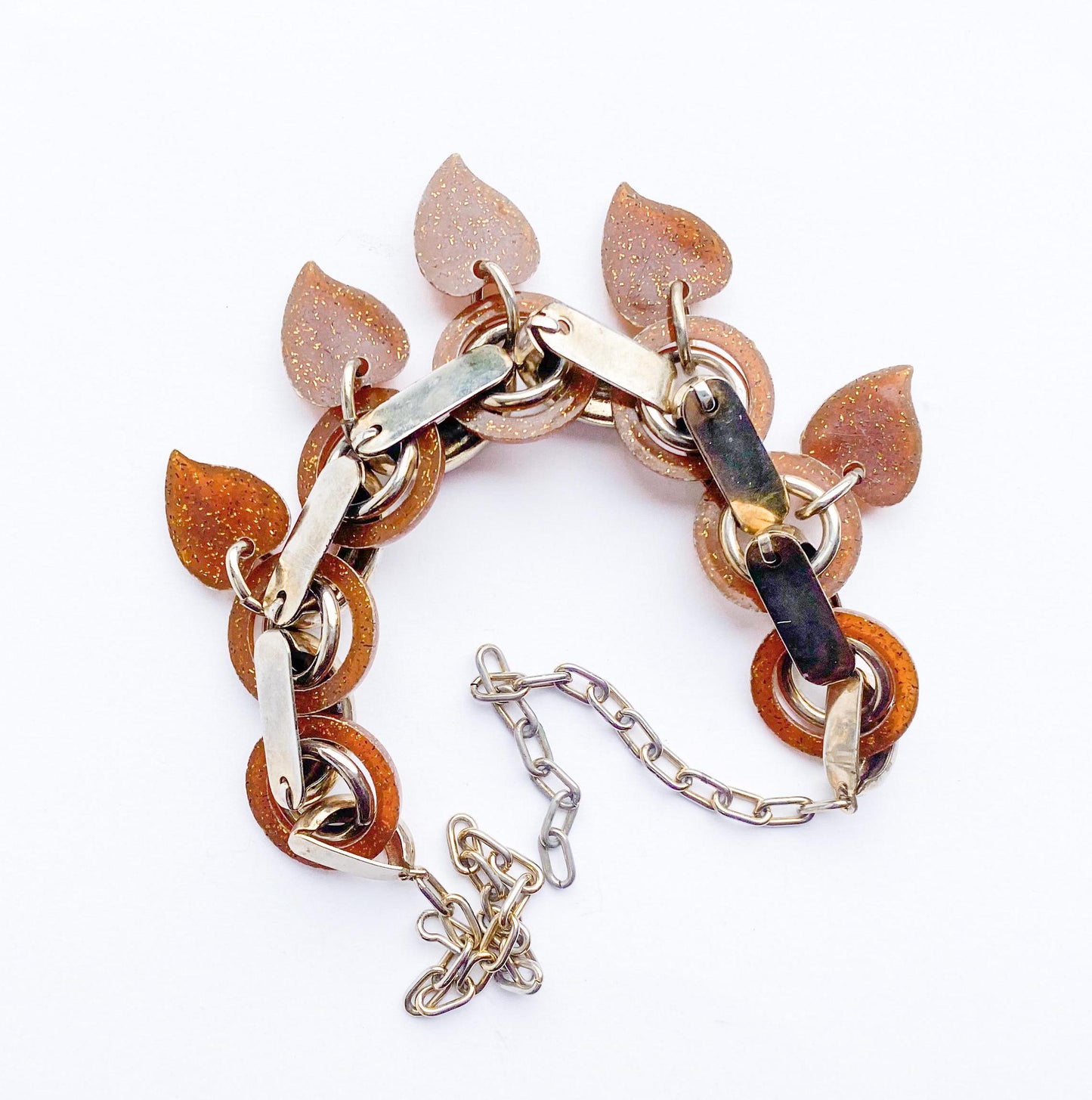 1960s Glitter Leaf Necklace | Brown Plastic, Gold Chain