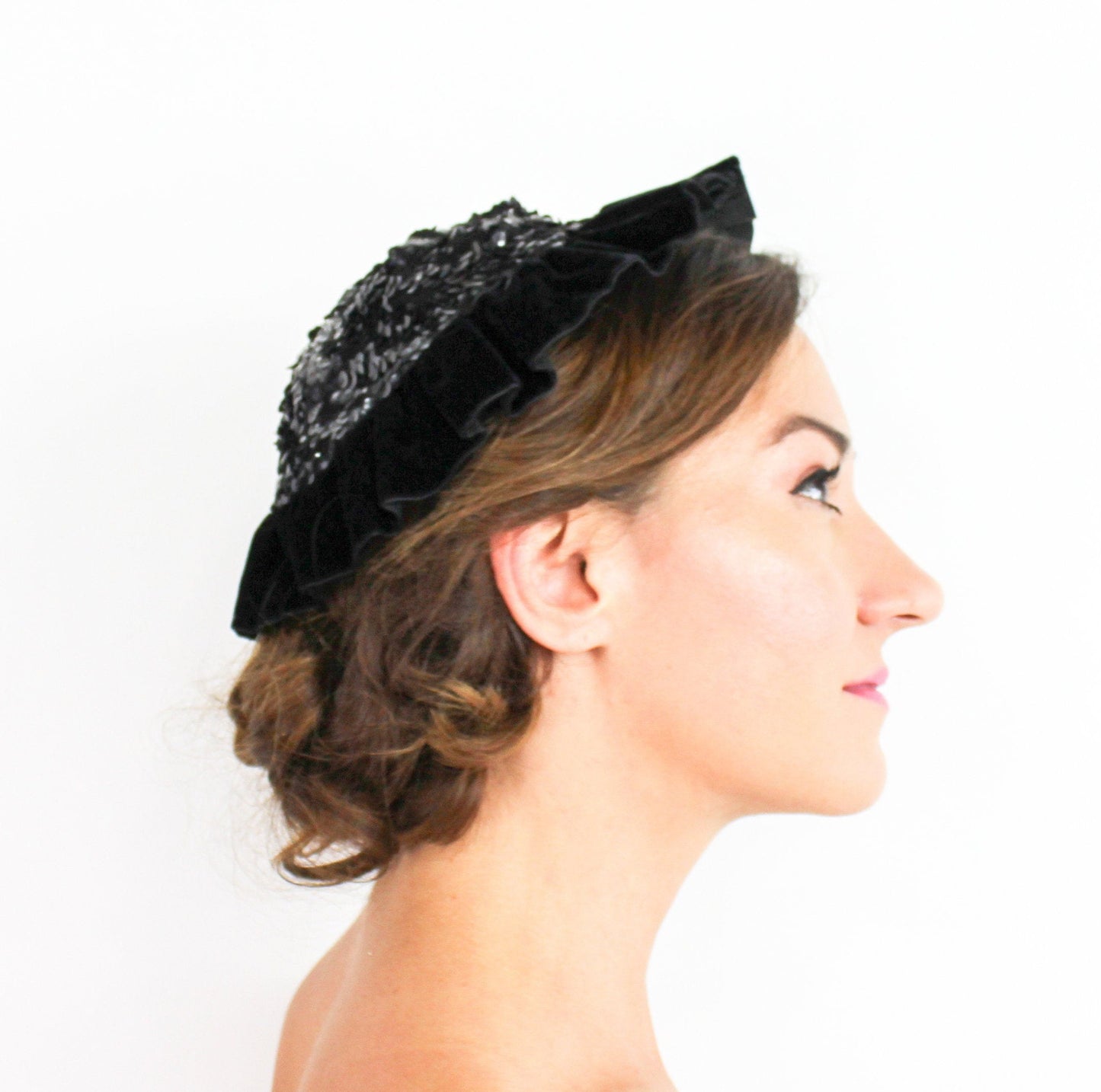1920s Black Sequin Velvet Flapper Hat