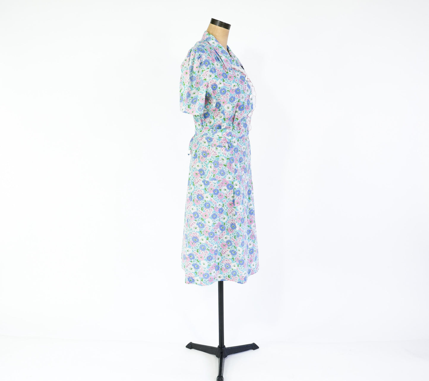 1940s Blue Pink Floral Cotton Day Dress, 40" Waist