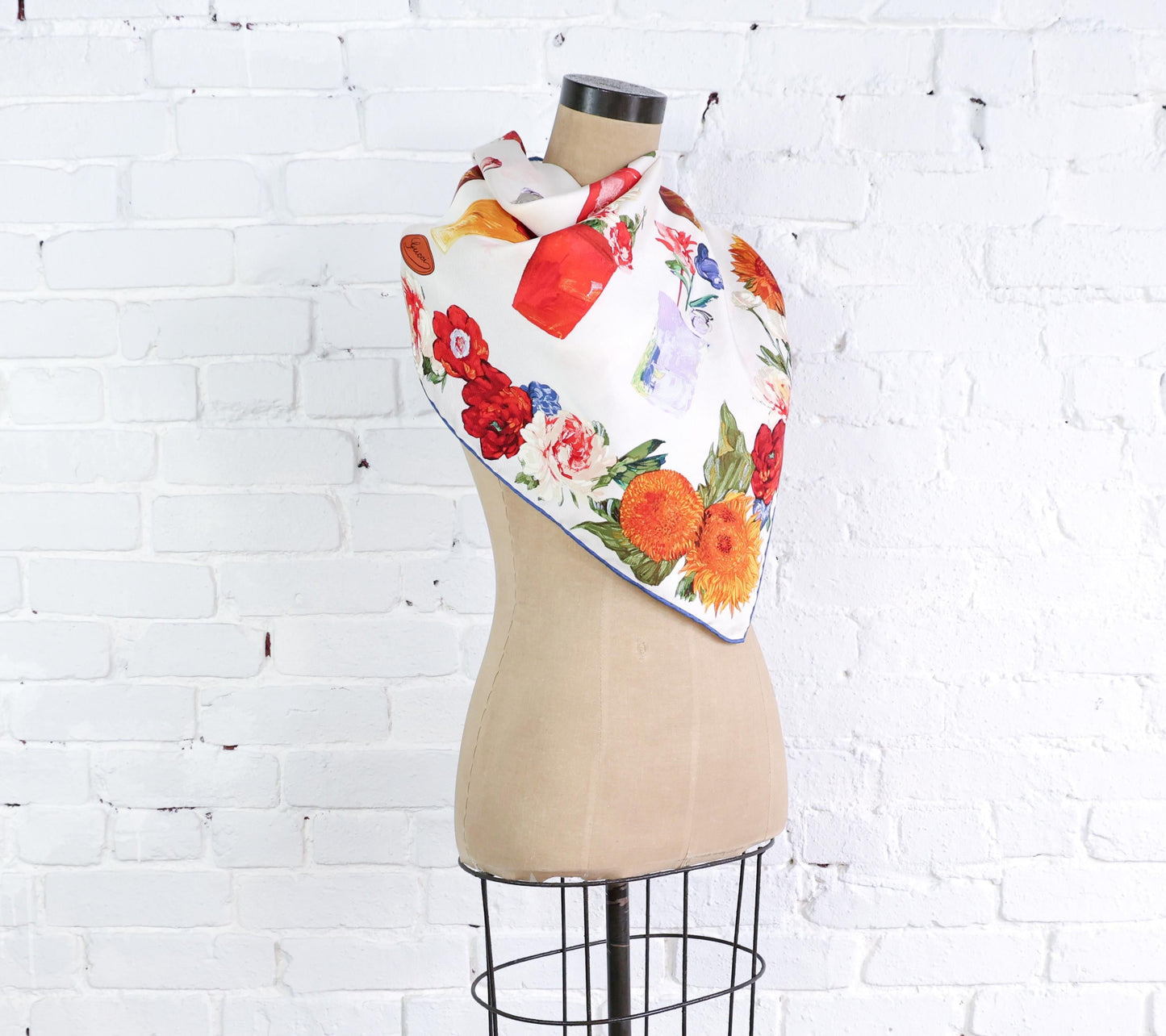 1980s Gucci Floral Flower Vases Print Silk Scarf