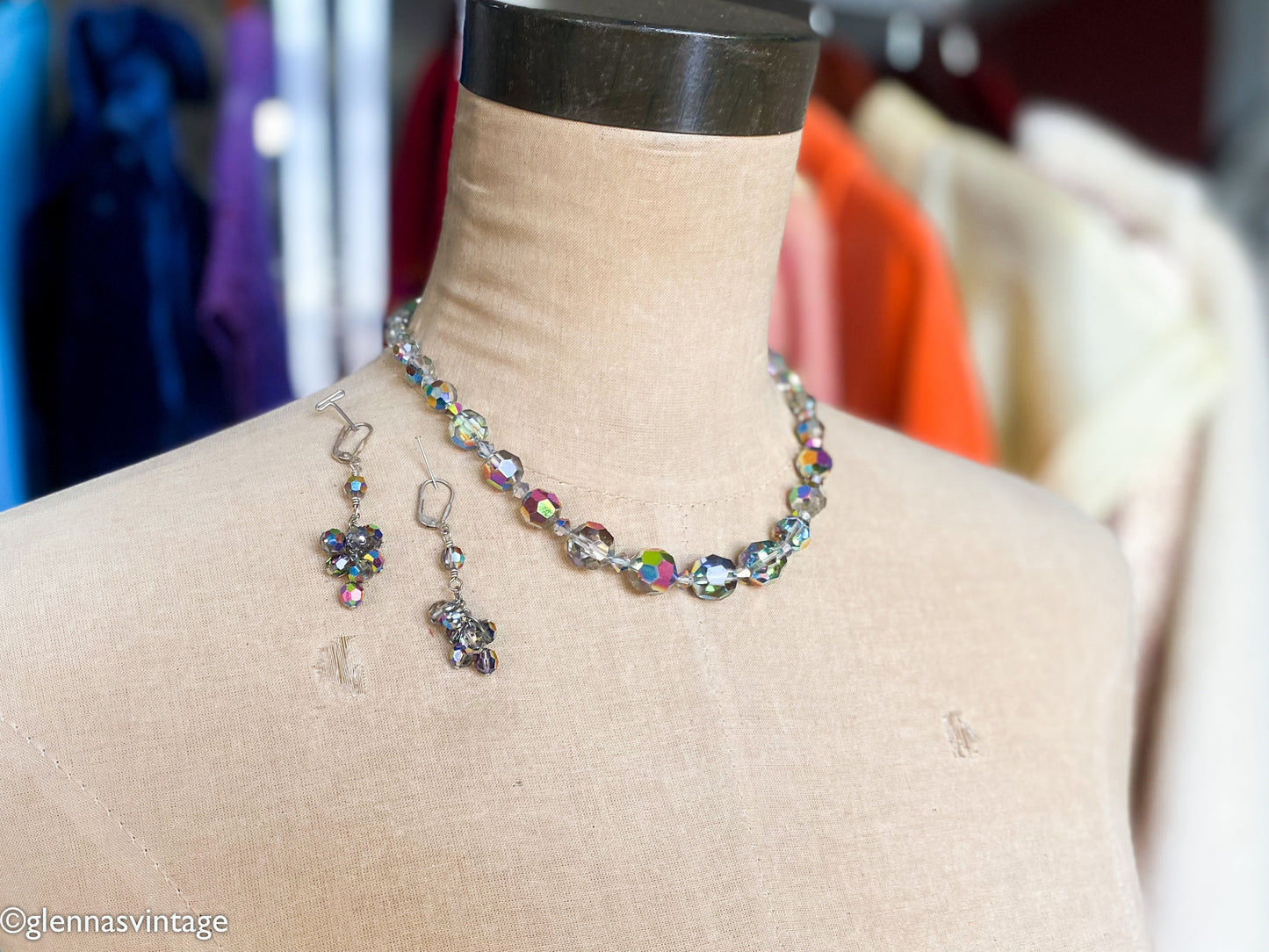 1960s Aurora Borealis Crystal Beaded Necklace Set