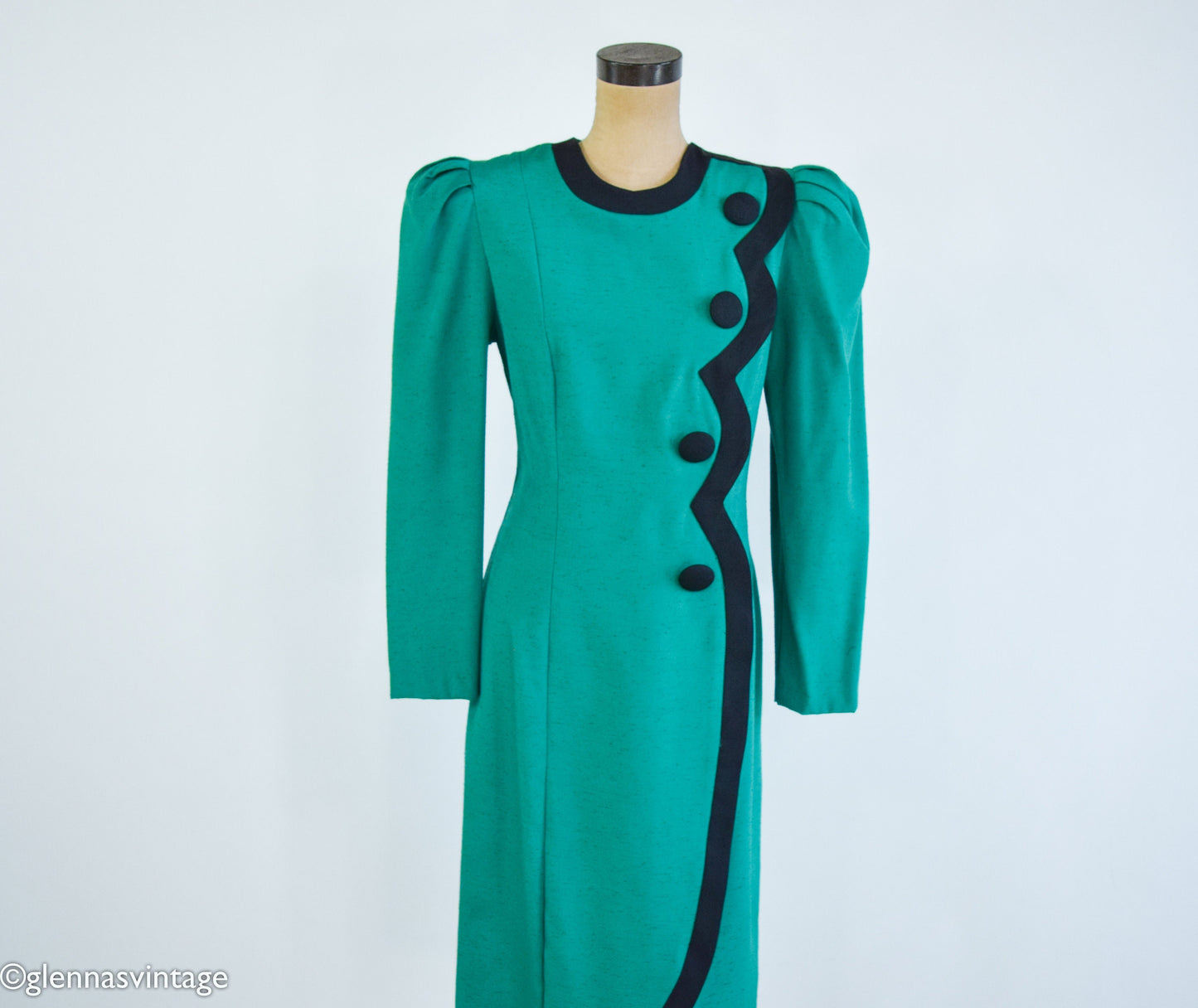 1980s Green Dress with Black Trim, Etoile Collection, Large
