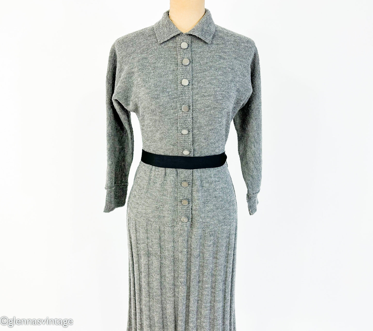 1940s Gray Knit Secretary Dress | 40s Gray Knit Dress | Barbara Carol | Small