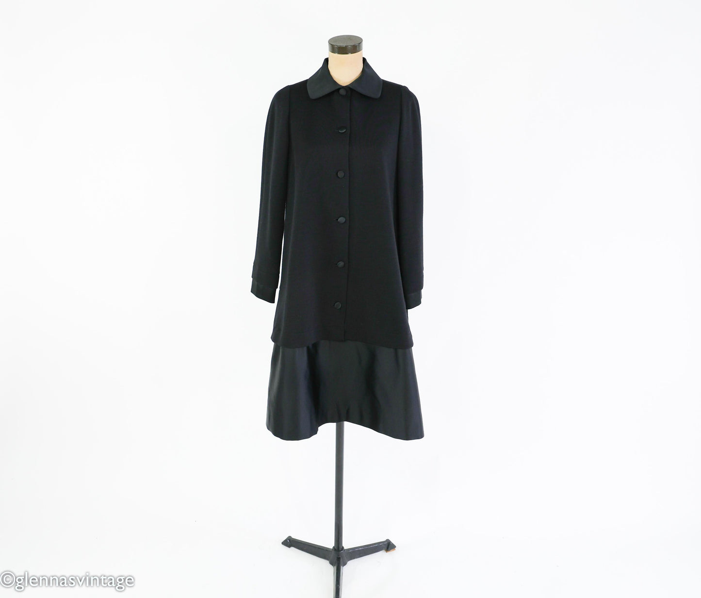 1990s Geoffrey Beene Black Wool Coat Dress | Black & Satin Tailored Coat, Size 8