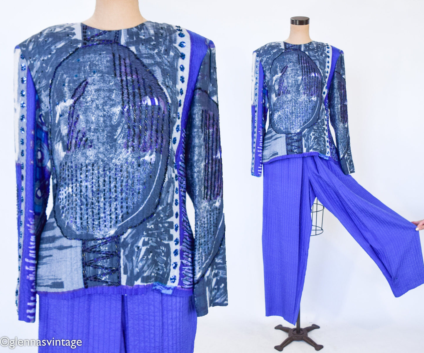 1980s Blue Silk Sequin Pant Set | 80s Purple Silk Evening Pantsuit | ICINOO | Medium