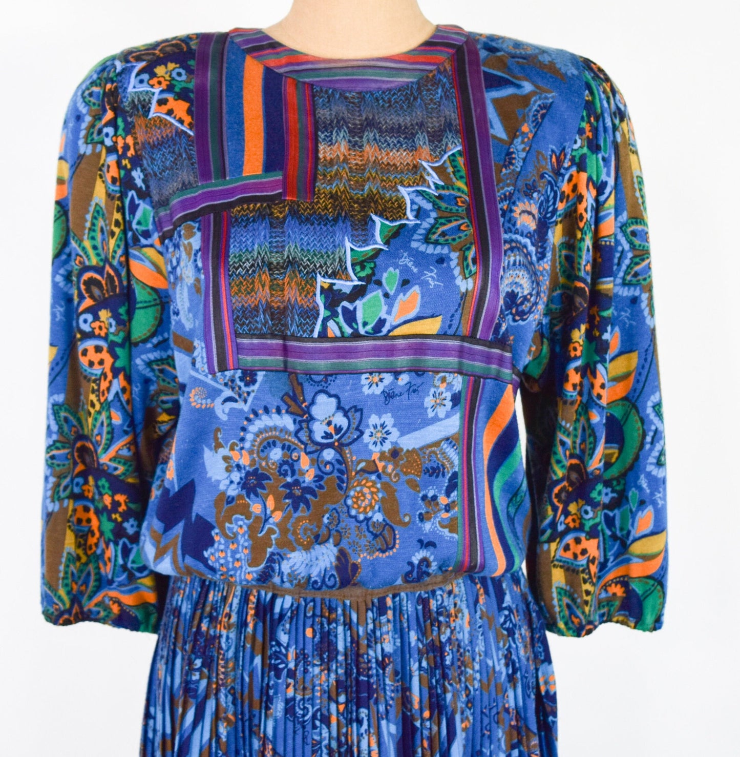 1980s Diane Freis Blue Wool Pleated Dress, Large