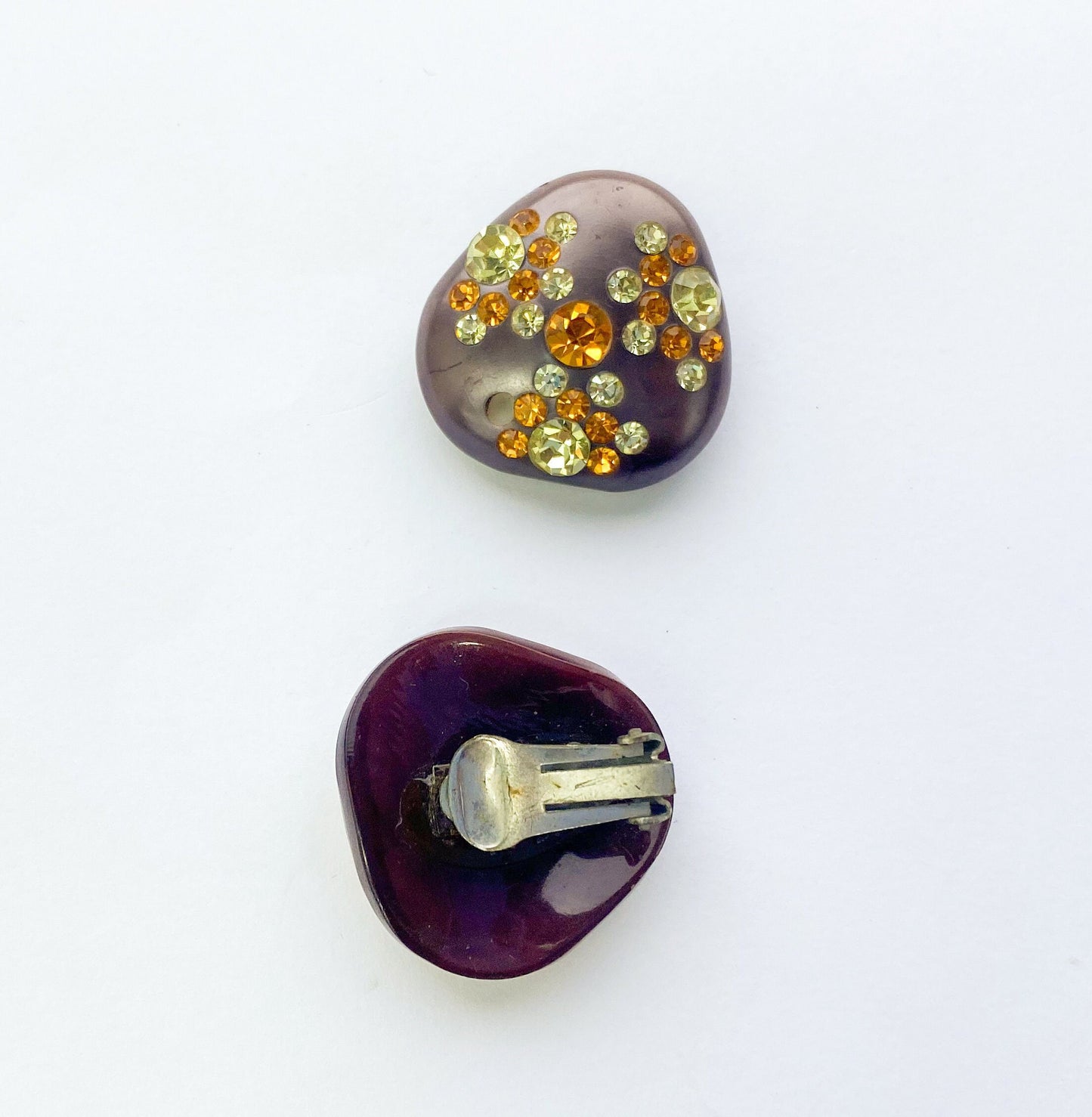 1960s Brown Rhinestone Earrings | 60s Brown Lucite & Rhinestone Clip Earrings