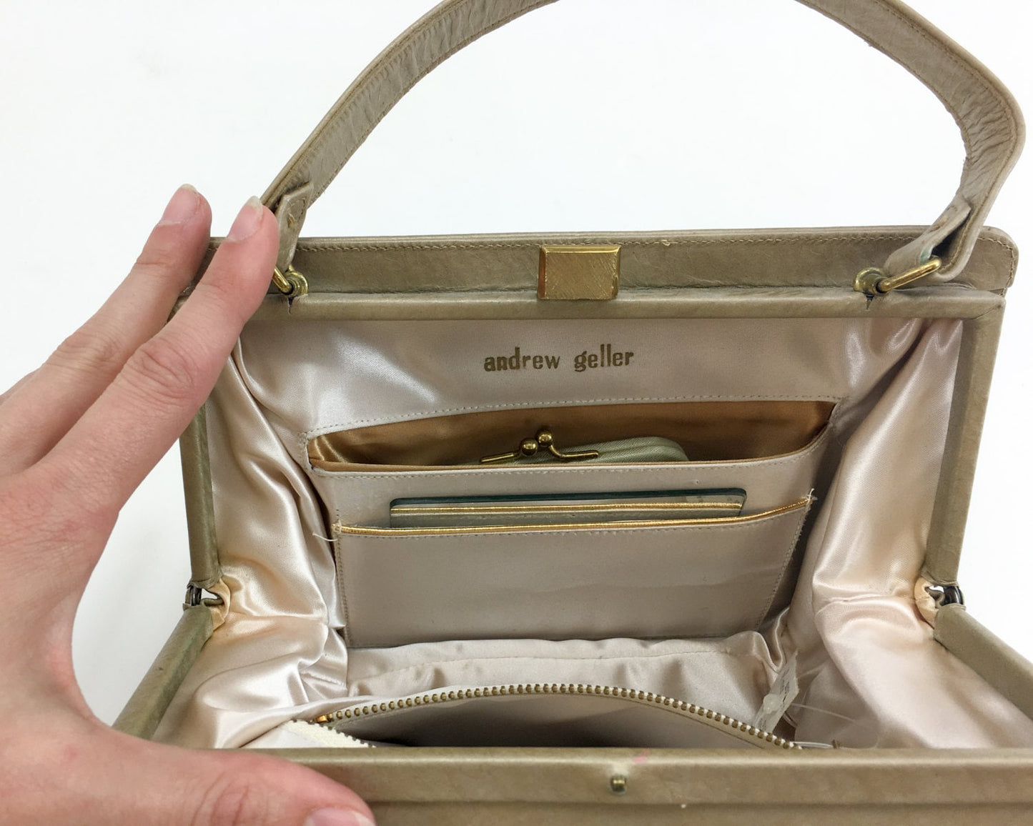 1960s Beige Leather Handbag | 60s Tan Leather Box Handbag | Andrew Geller