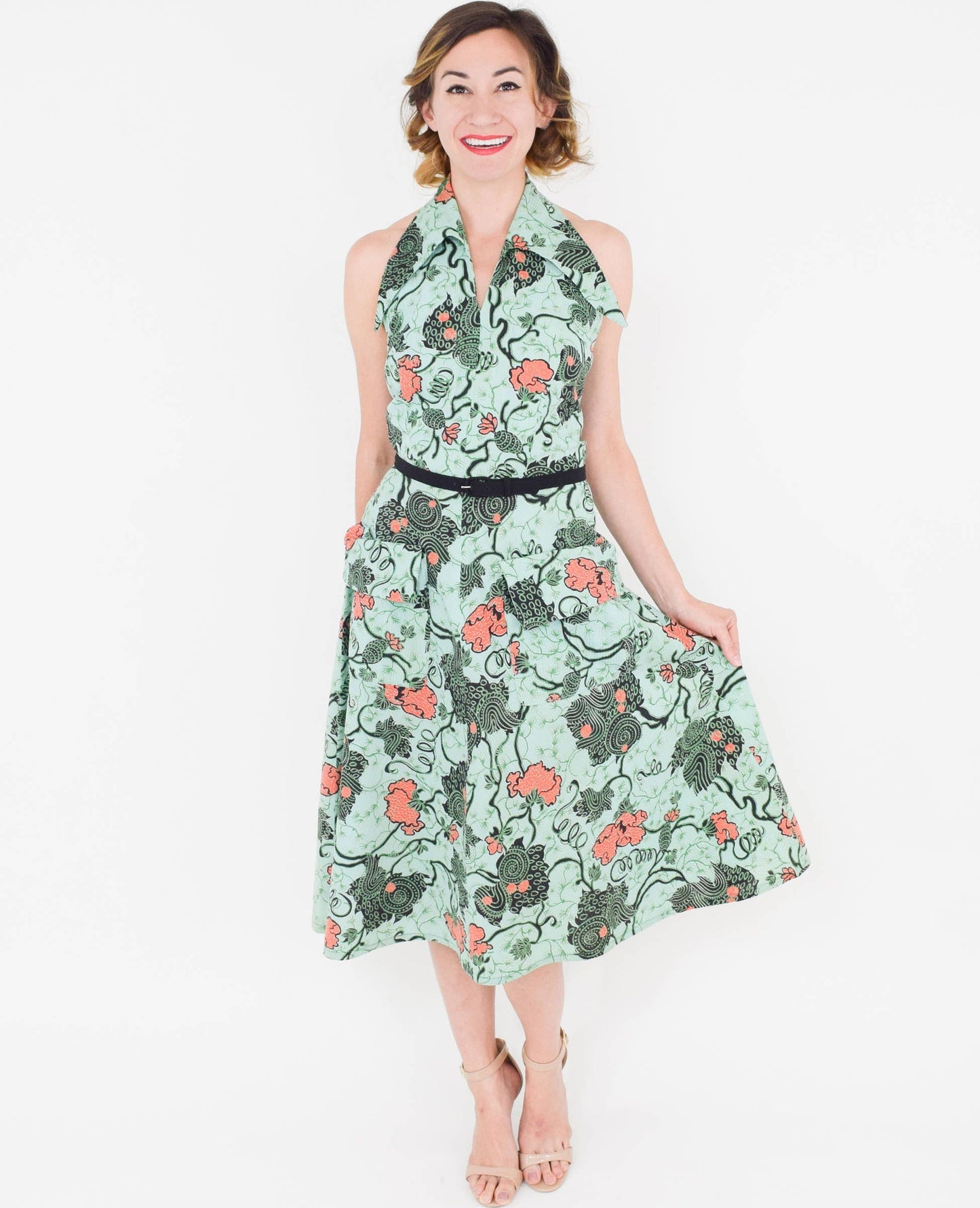 1950s Green Floral Halter Dress, Small