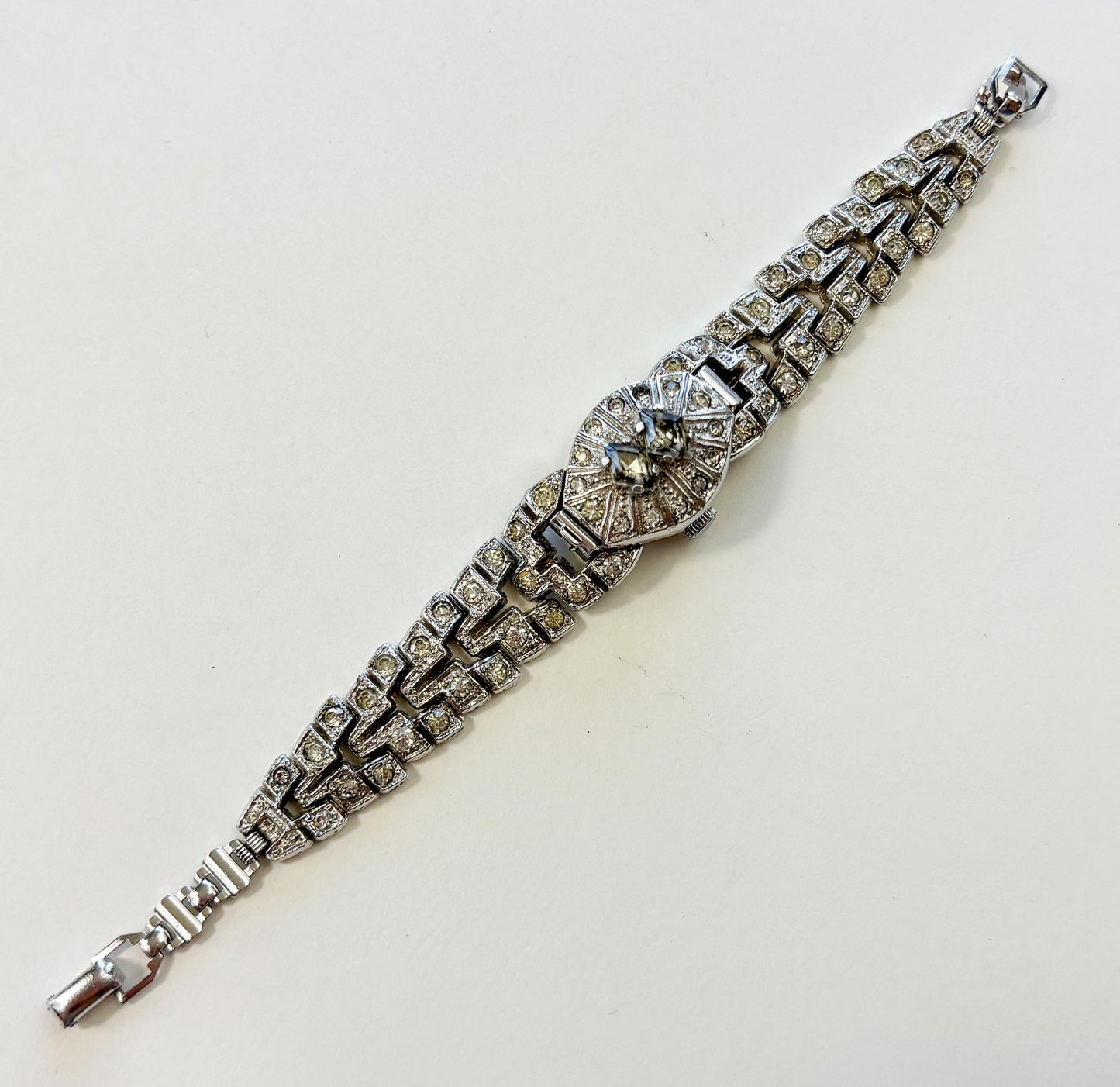 1930s Vintage Rhinestone Watch Bracelet, Art Deco Evening Glamour