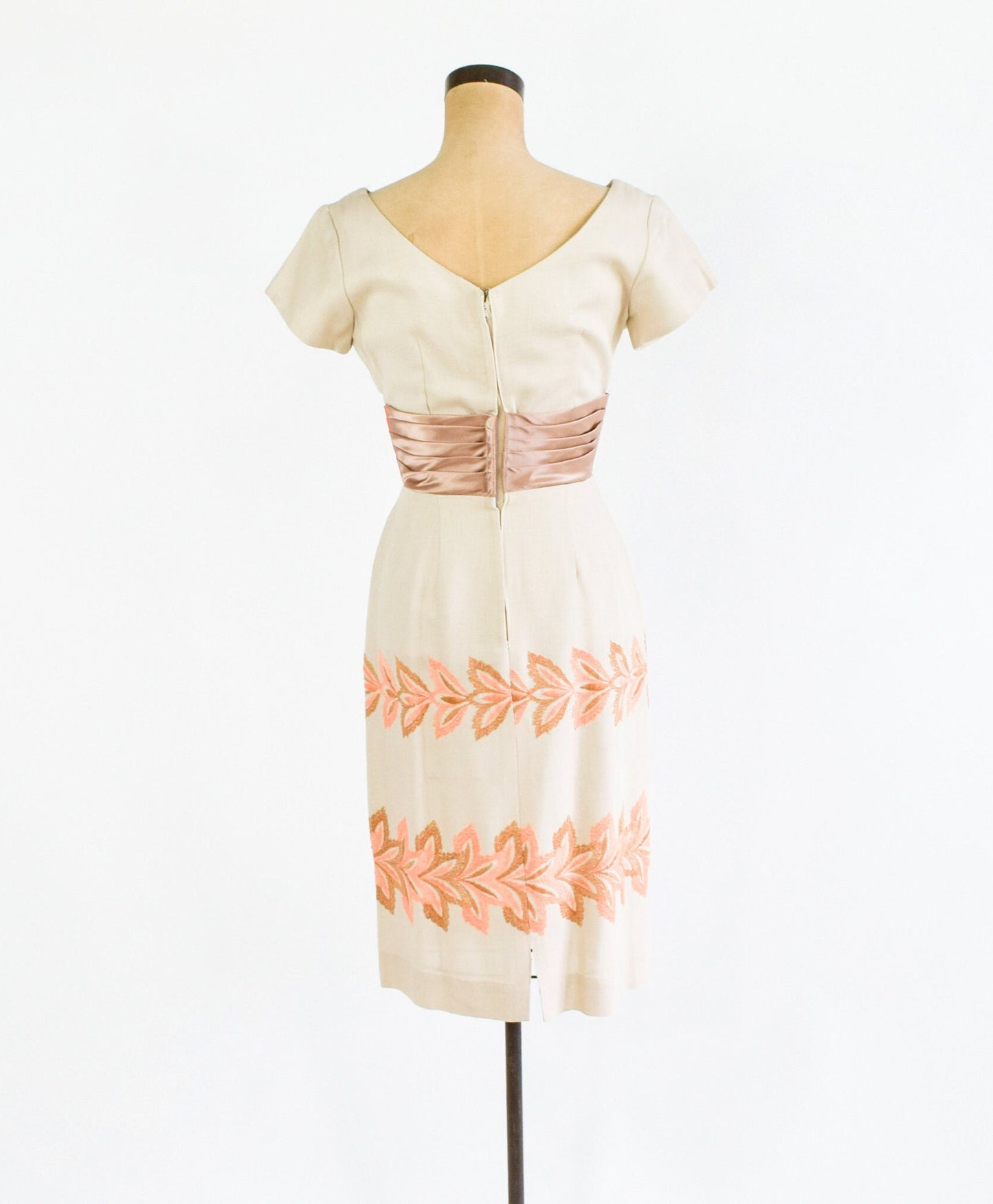 1950s Beige Floral Embroidered Dress | Taupe Sheath Dress, Small