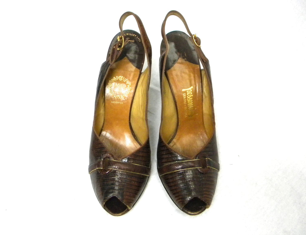 1950s Brown Lizard Skin Slingback Pumps Leather Heels, 8.5 Narrow, 39