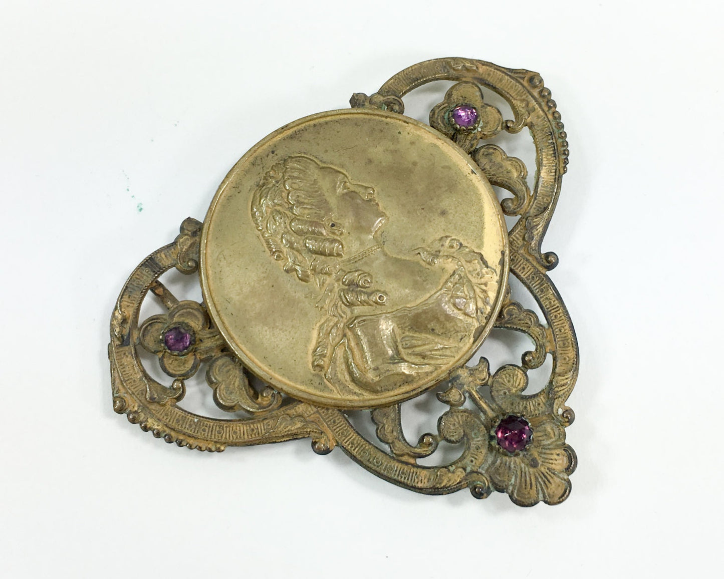 1900s Brass Belt Buckle | Antique Brass Cameo Rhinestone Belt Buckle