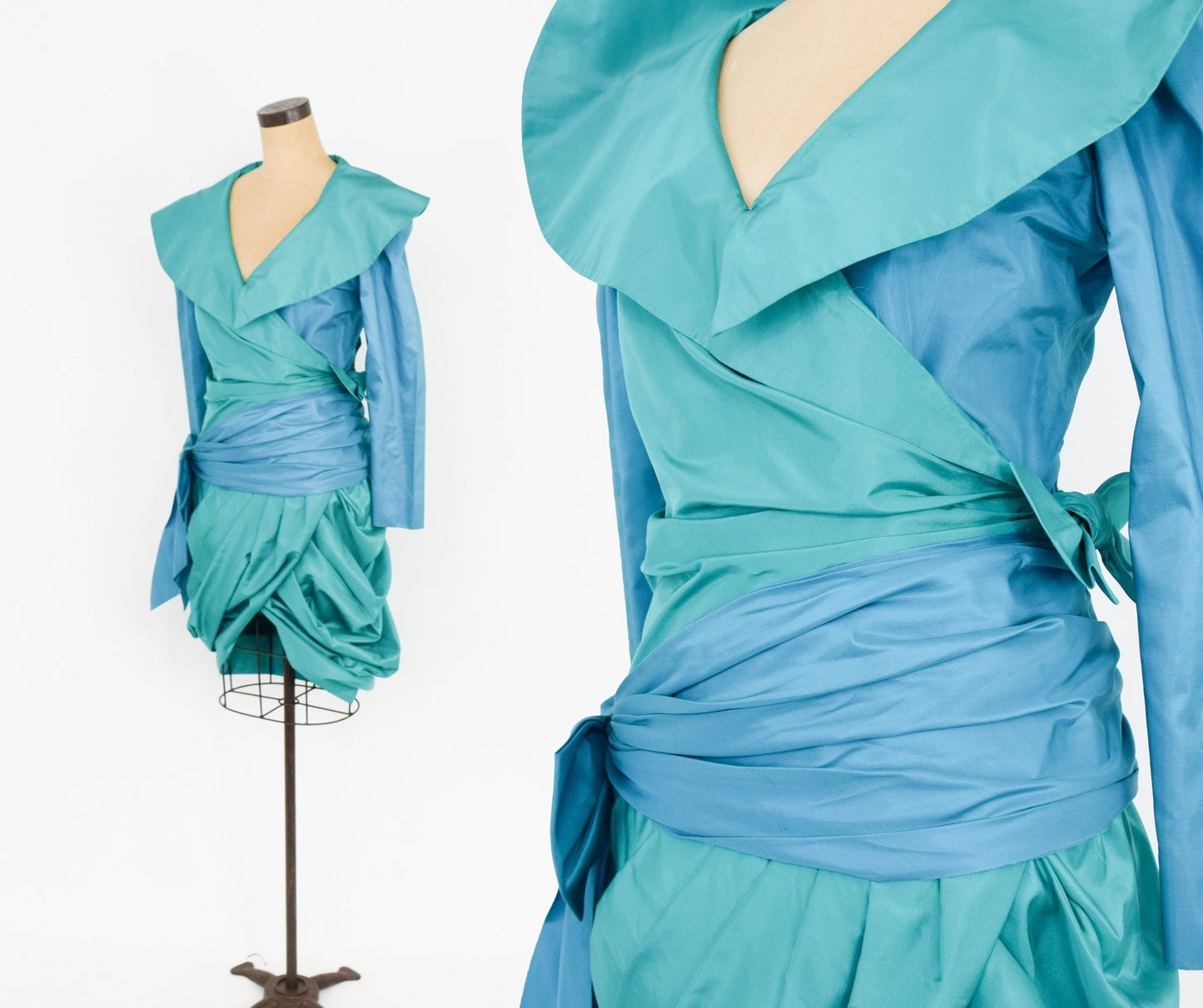 1990s Blue Silk Cocktail Dress | 90s Turquoise Blue Silk Taffeta Wrap Dress | Vera Casalino Paris | Medium