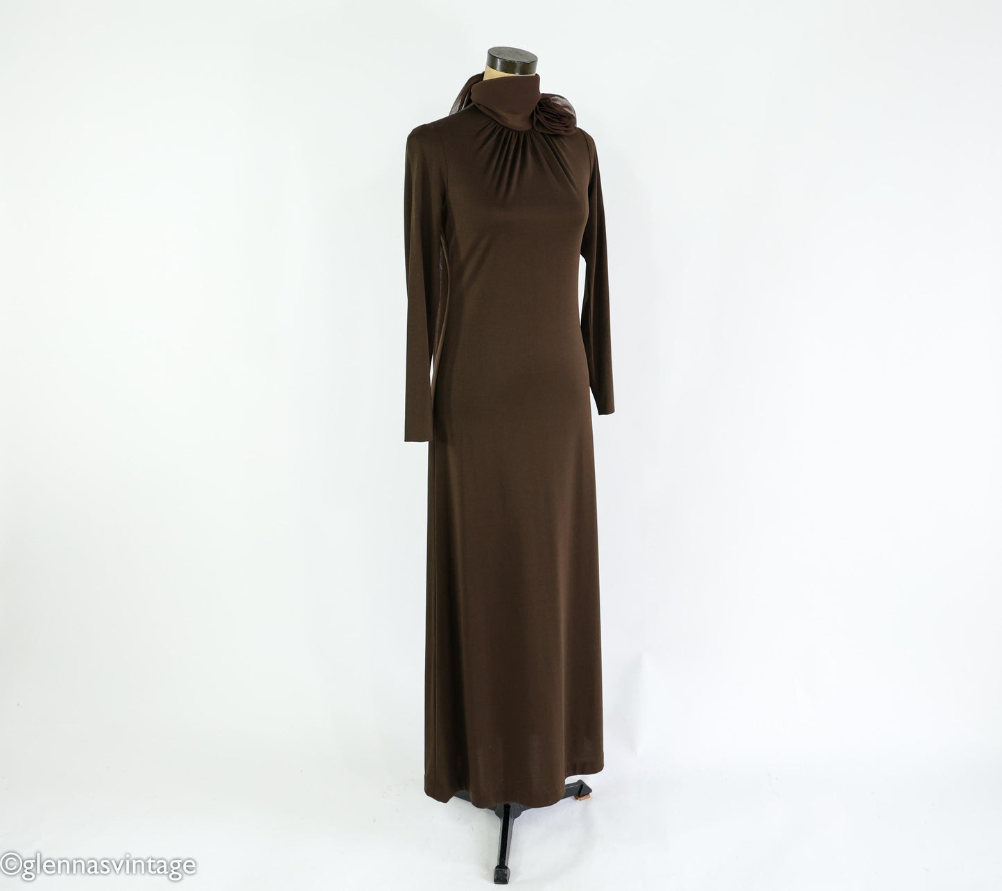 1970s Brown Maxi Dress | Chiffon Collar Evening Gown, Medium