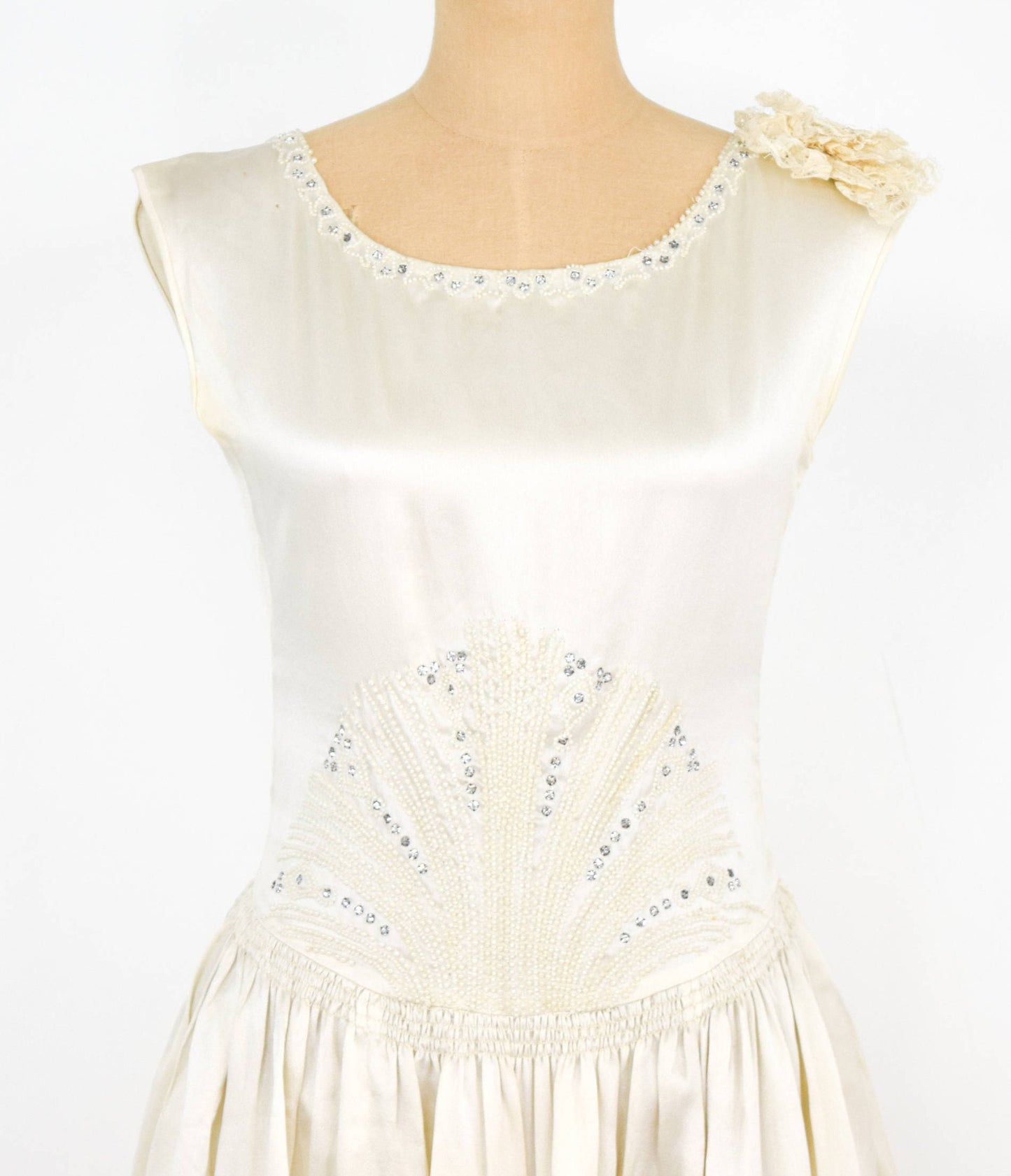1930s  White Silk Beaded Wedding Dress with Rhinestones & Lace, Small