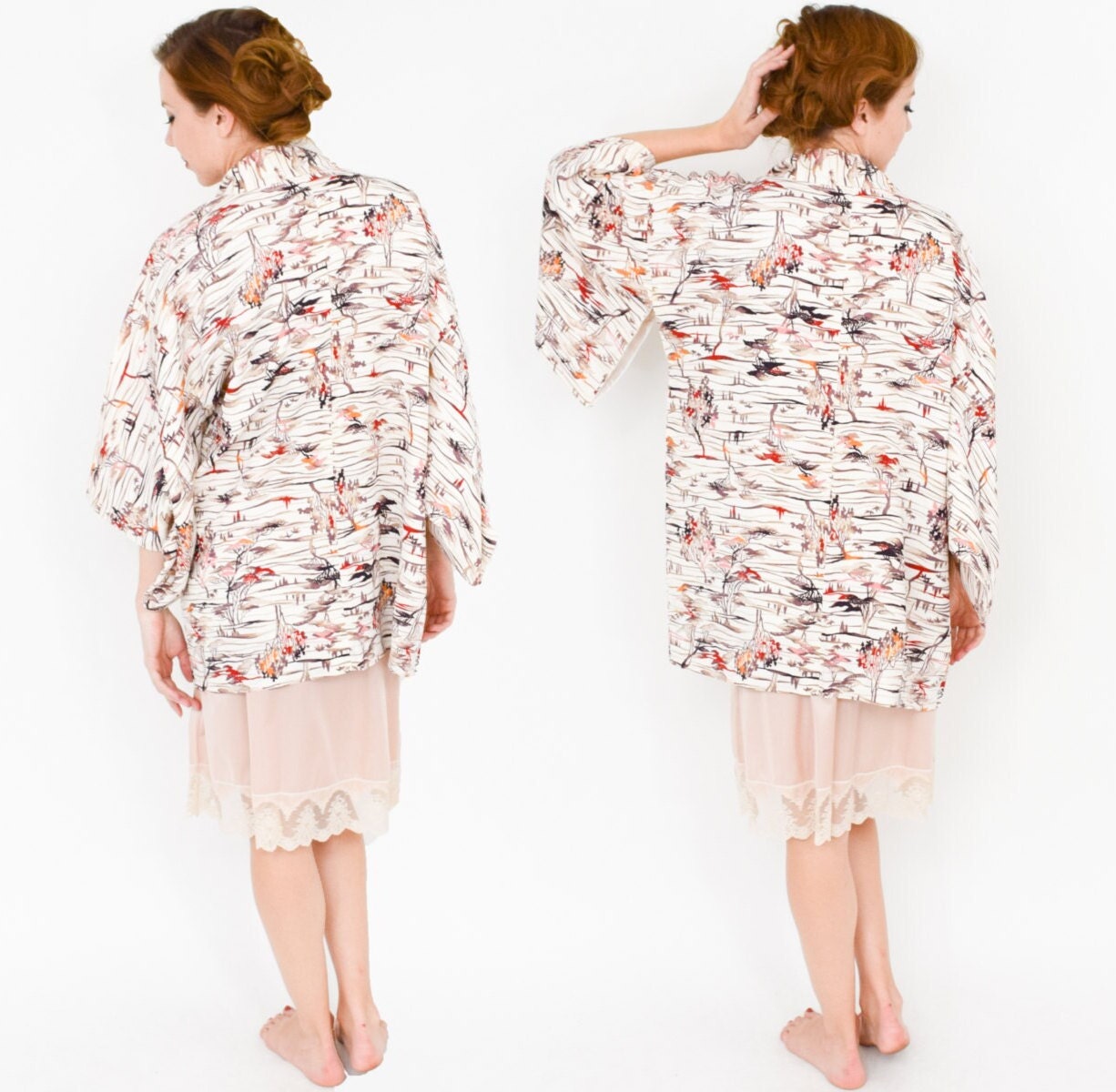 1950s Beige Print Haori Kimono Jacket