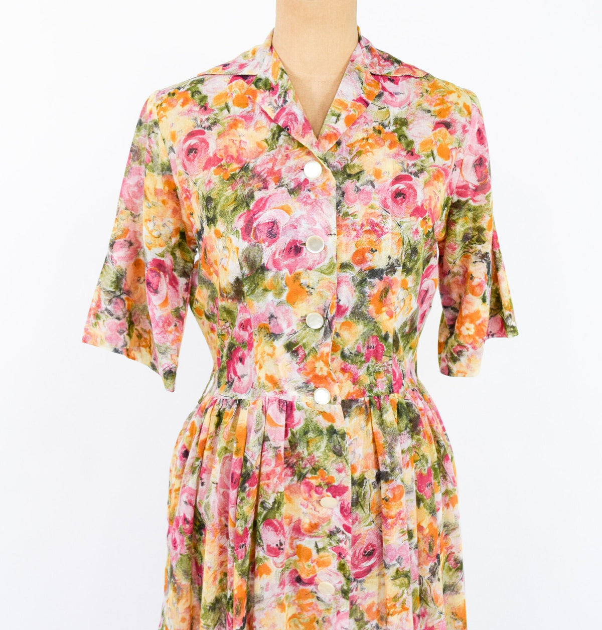 1950s Floral Cotton Shirtwaist Dress | Orange Sheer Fabric, Medium