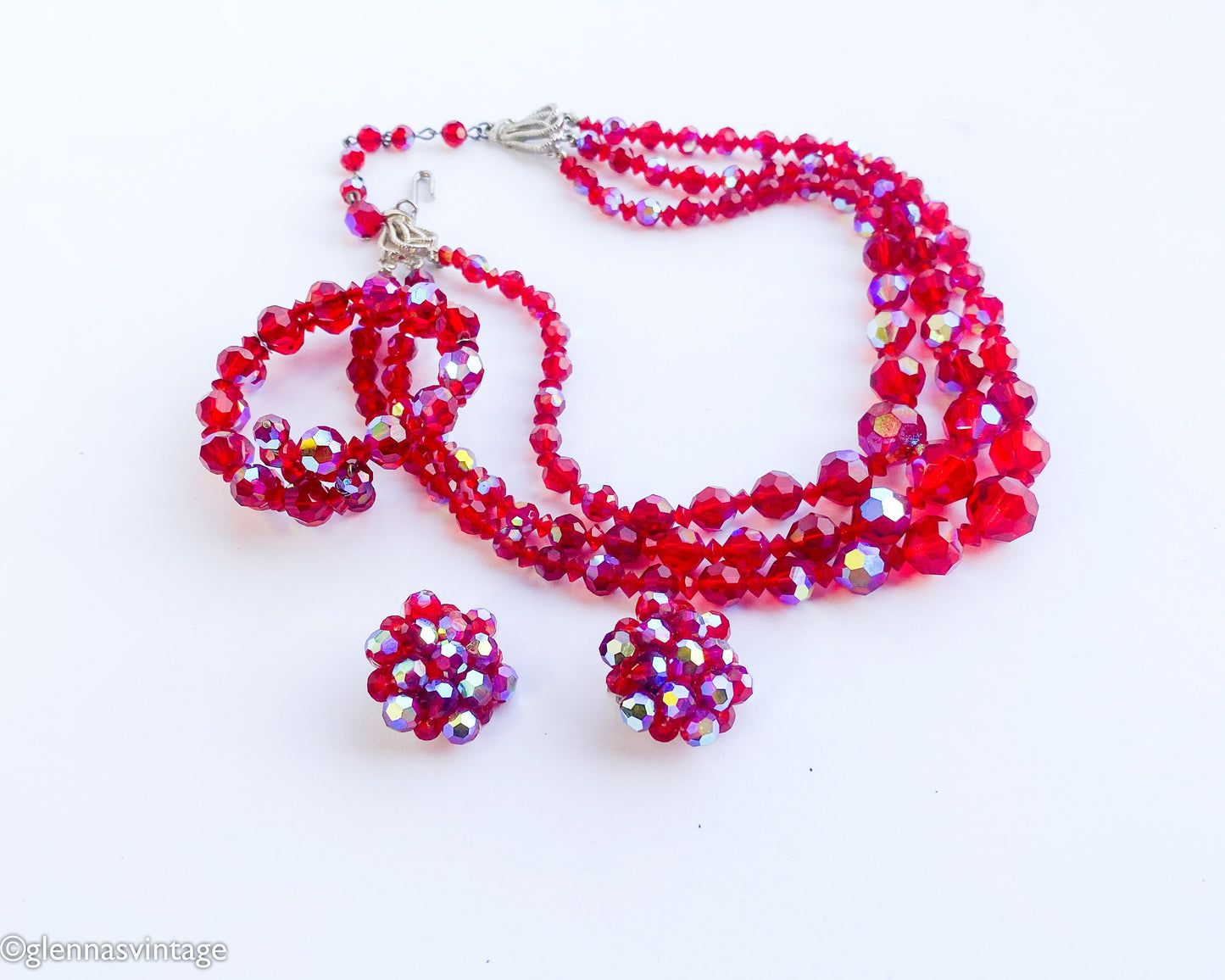 1950s Red Aurora Borealis Crystal Necklace Bracelet Earrings Set, Parure Jewelry set