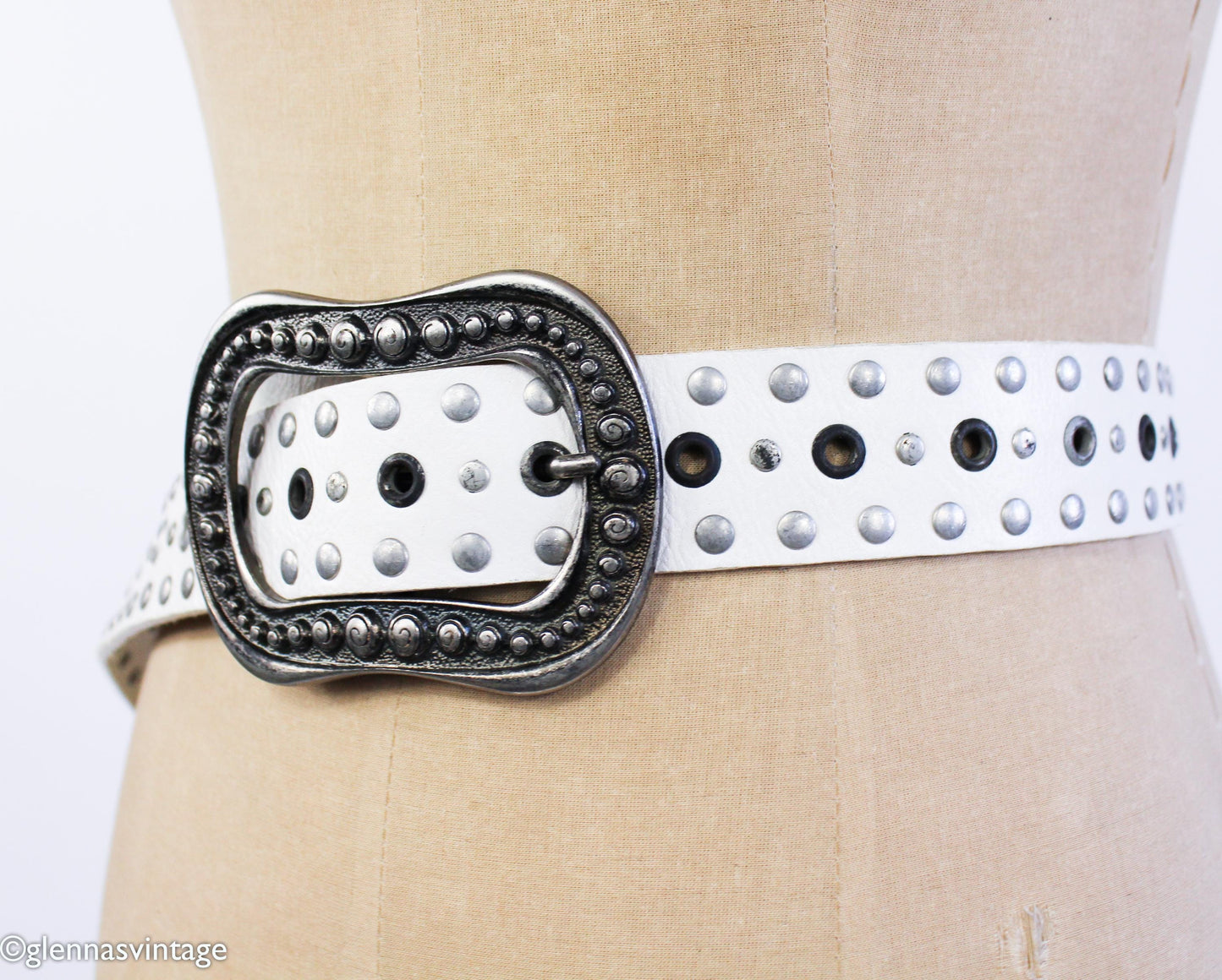 1980s White Leather Rivet Belt with Silver Buckle, Medium