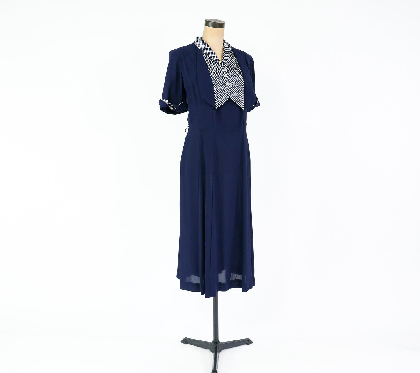 1940s Navy Rayon Crepe Dress with Polka Dot Collar, 36" Waist