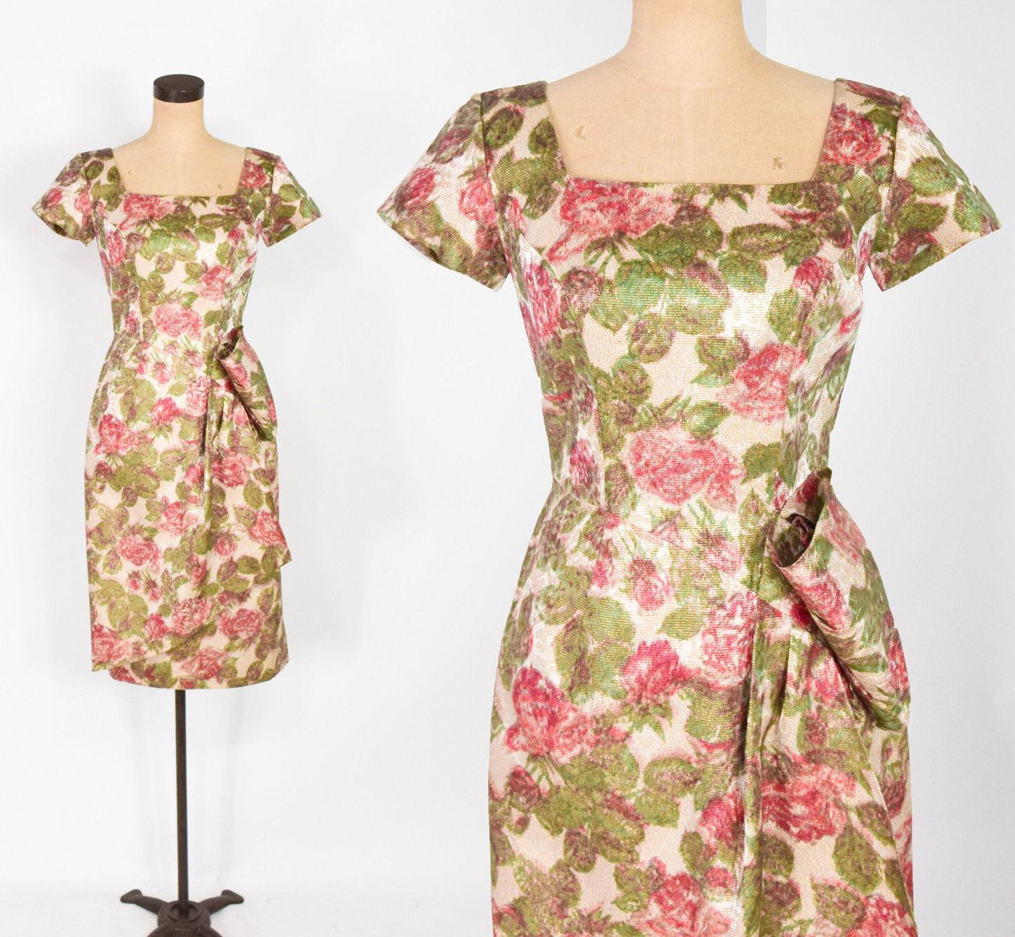 1950s Pink Green Floral Rose Print Party Dress in Brocade, Du Barry Fashion, Small
