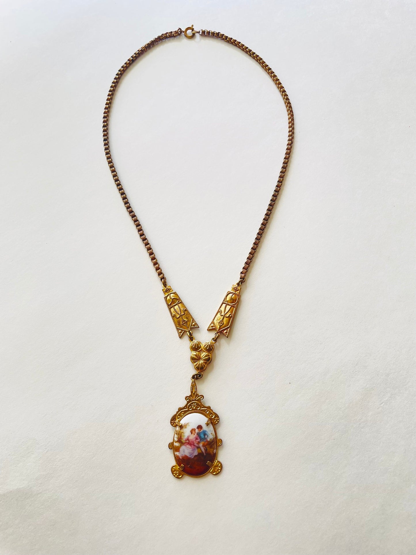1920s Porcelain Pendant Necklace | Gold Victorian Couple, Brass Chain