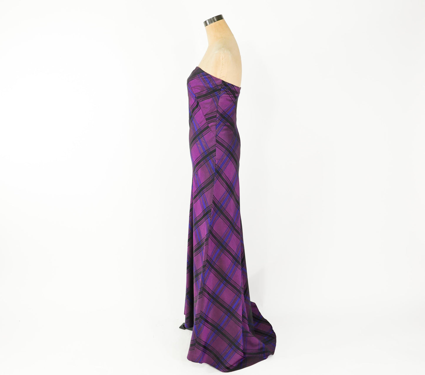 1990s Purple Plaid Taffeta Strapless Dress, Small