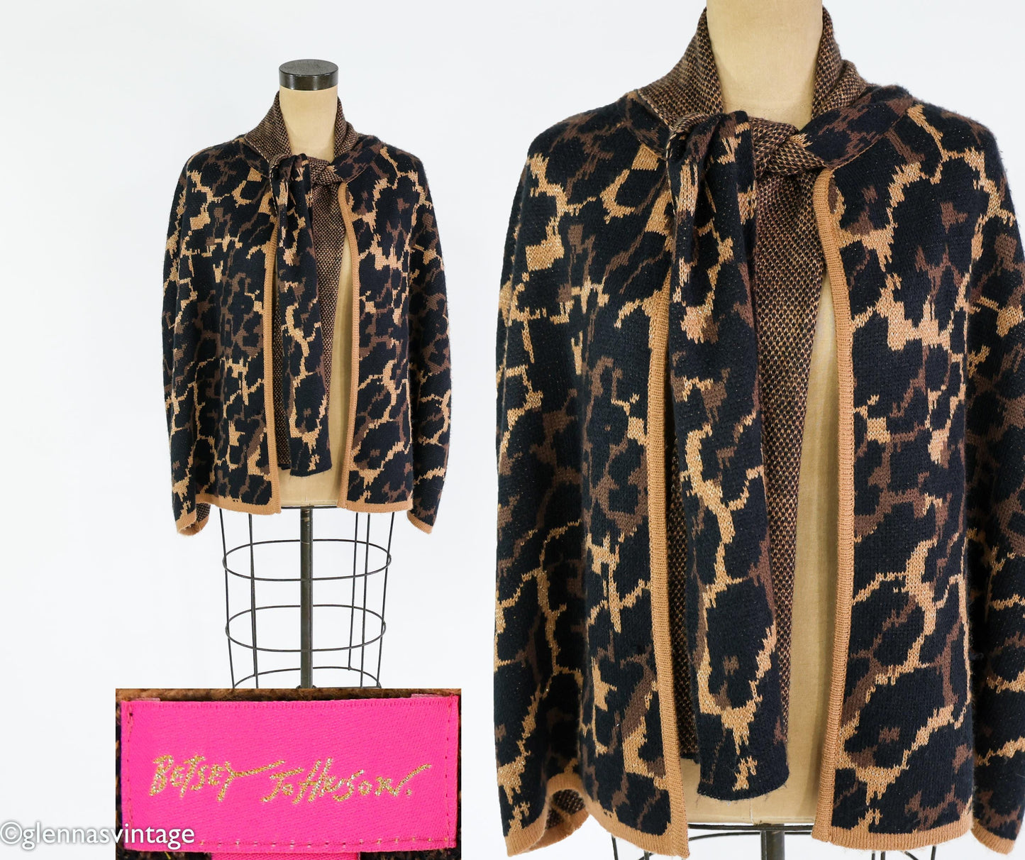 2000s Animal Print Sweater Cape | Brown Knit Shrug | Betsey Johnson, One Size