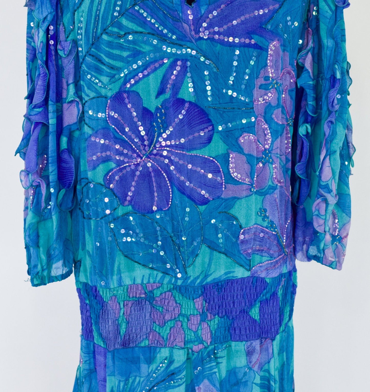 1980s Blue Silk Chiffon Ruffled Party Dress | 80s Blue Beaded Chiffon Dress | Judith Ann Creations | Medium