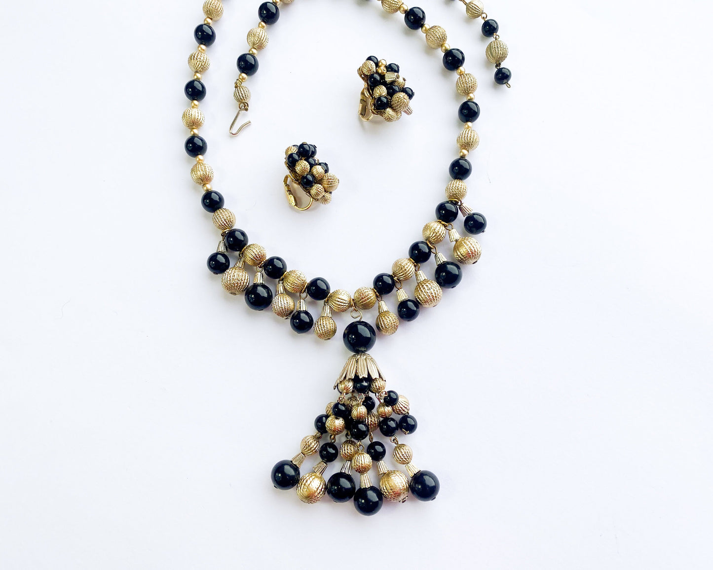 1960s Black & Gold Ball Necklace and Earrings Set