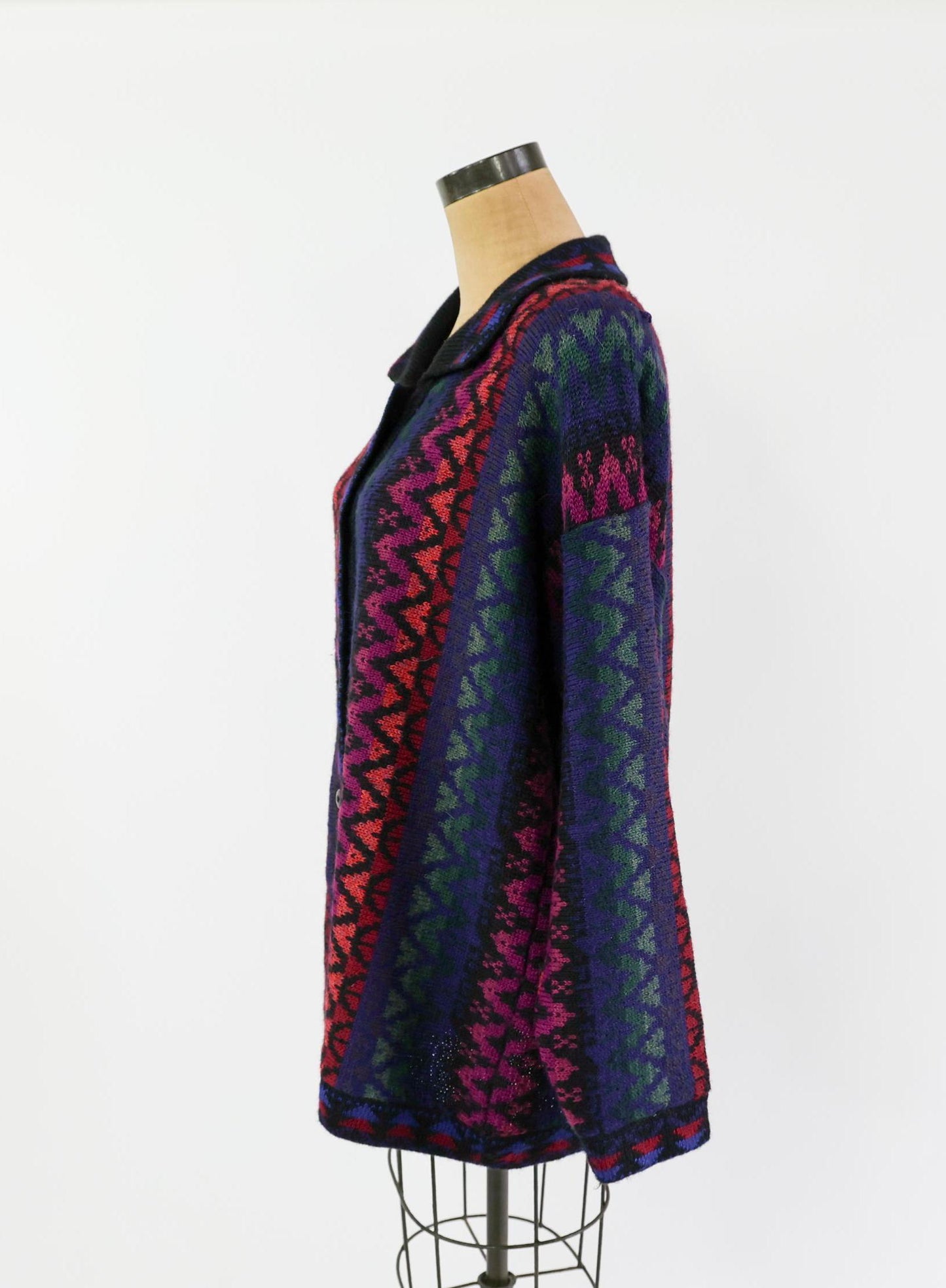 1980s Black Alpaca Wool Stripe Cardigan Sweater Jacket, Large