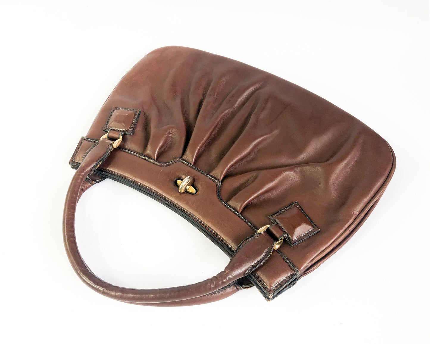 1950s Brown Leather Handbag | 50s Brown & Red Leather Handbag | Koret