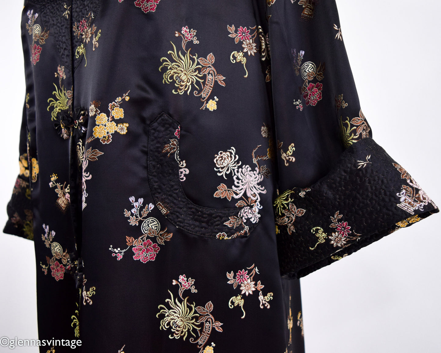 1950s Black Silk Asian Coat | 50s Black Floral Asian Coat | Peony | Medium