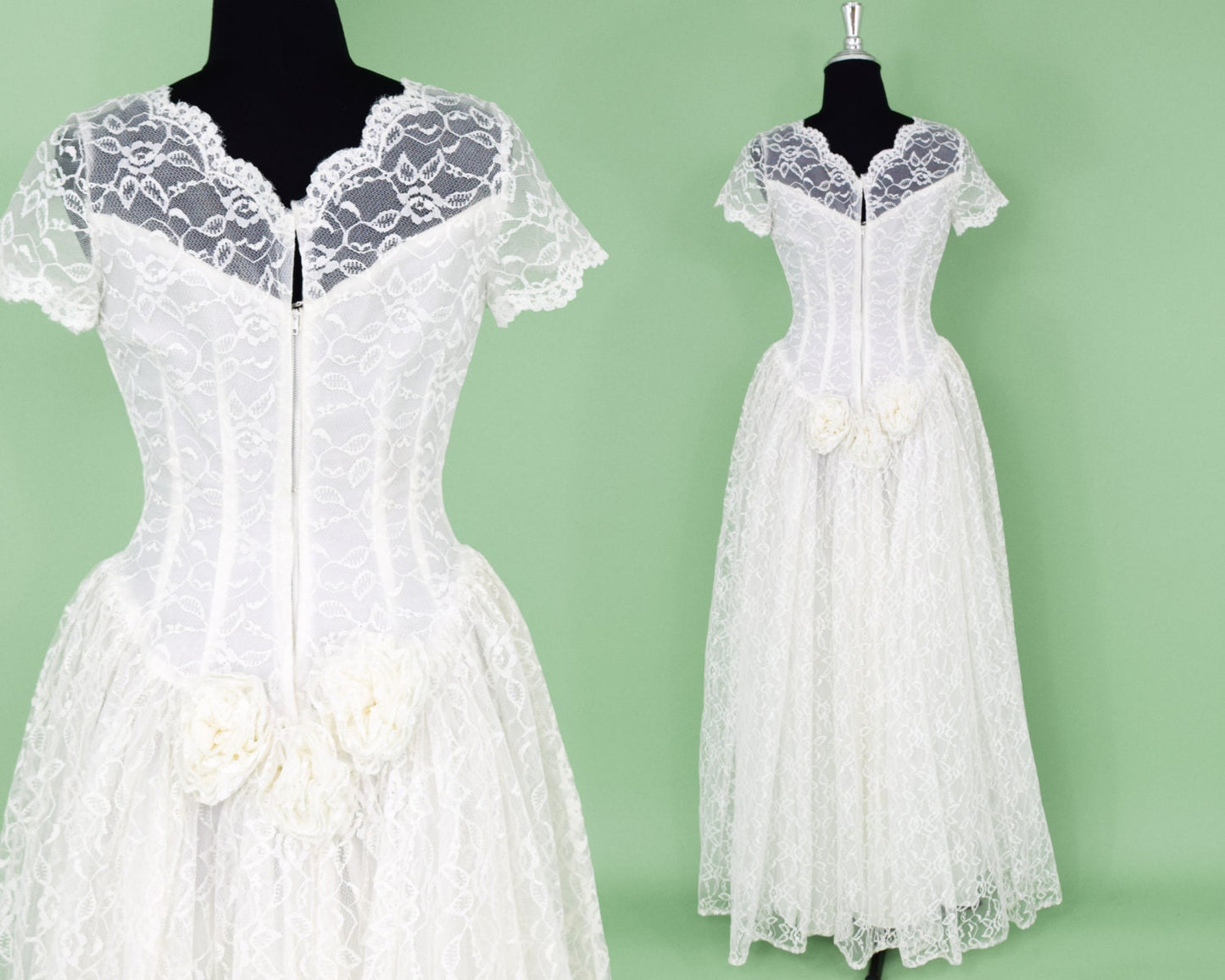 1950s White Lace Wedding Gown in Tulle & Taffeta, Extra Small