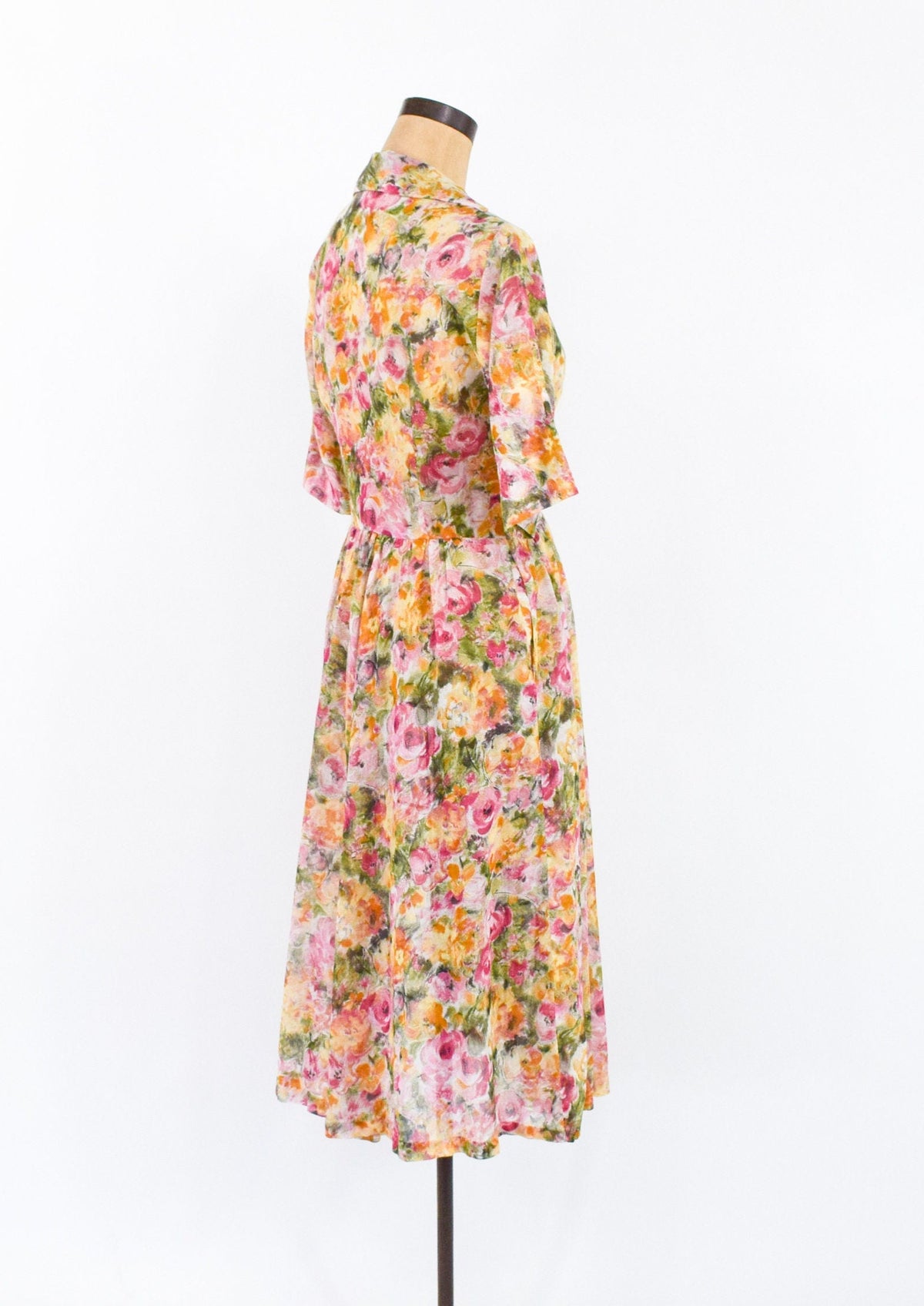 1950s Floral Cotton Shirtwaist Dress | Orange Sheer Fabric, Medium