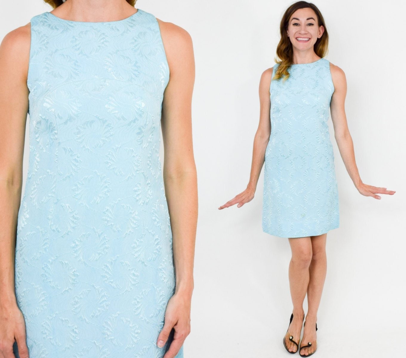 1960s Blue Brocade Dress | 60s Blue Sleeveless Mini Dress | Small