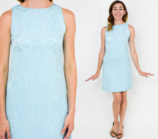 1960s Blue Brocade Dress | 60s Blue Sleeveless Mini Dress | Small