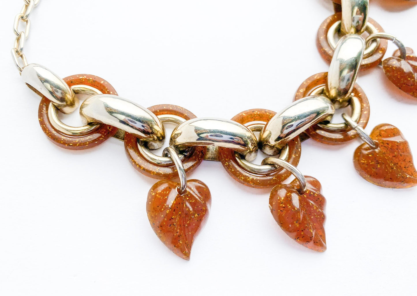 1960s Glitter Leaf Necklace | Brown Plastic, Gold Chain