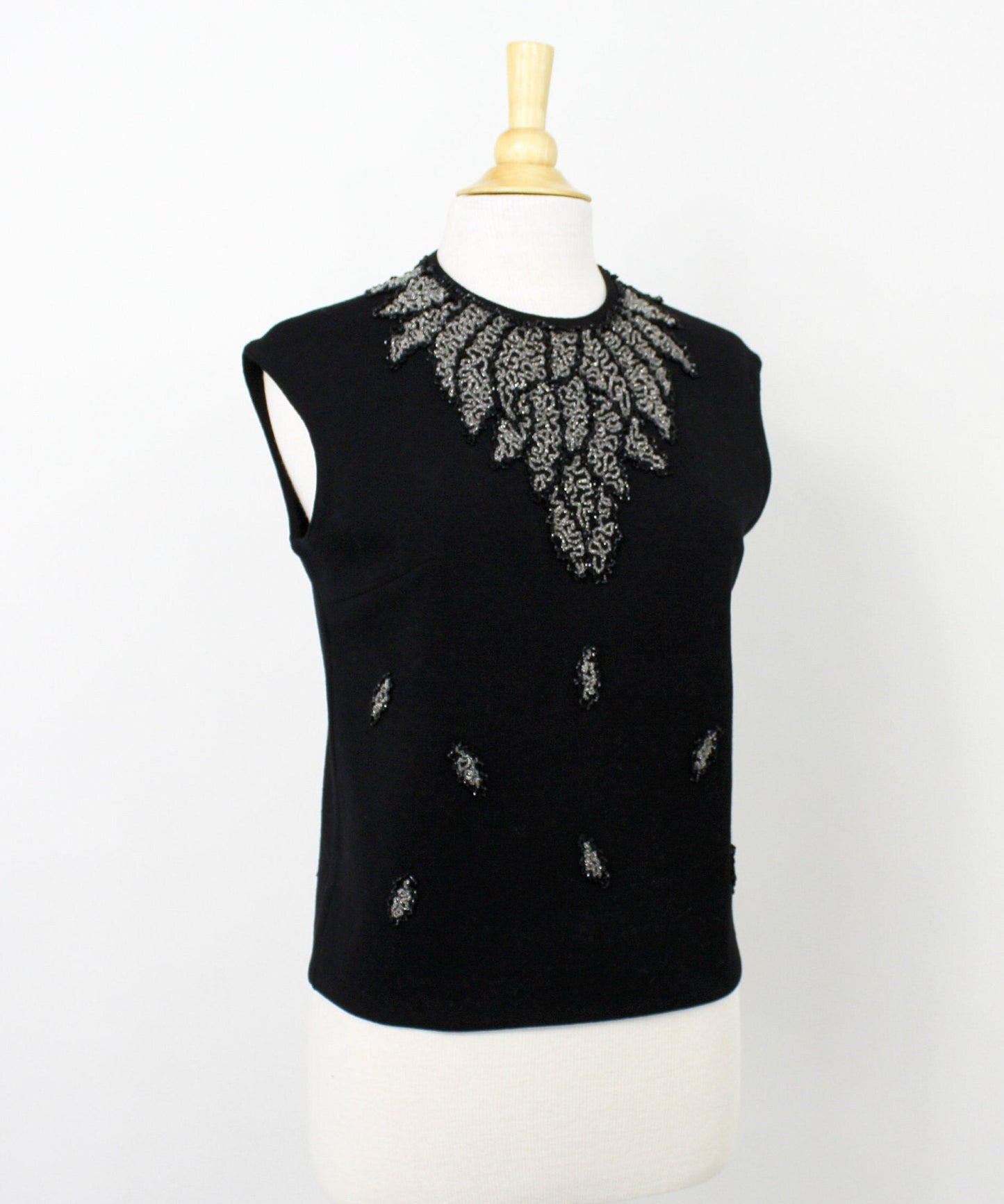 1960s Black Sleeveless Sweater | 60s Black Wool Beaded Top | Medium
