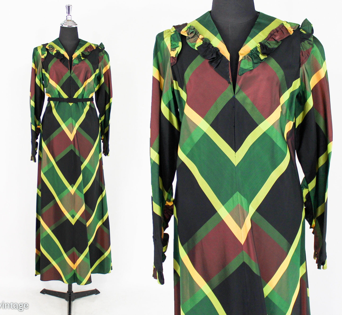 1940s Green Plaid Hostess Dress | 40s Green Chevron Striped Taffeta Dress |  Medium