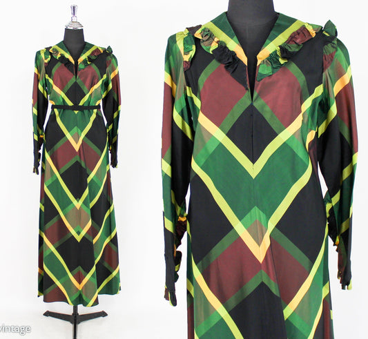 1940s Green Plaid Hostess Dress | 40s Green Chevron Striped Taffeta Dress |  Medium