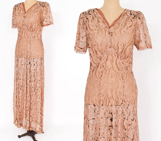 1930s Peach Floral Lace Dress, Evening Gown (Study Piece), Medium