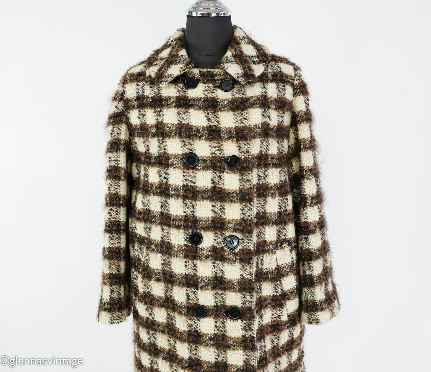 1960s Brown & Creme Plaid Wool Coat, Large