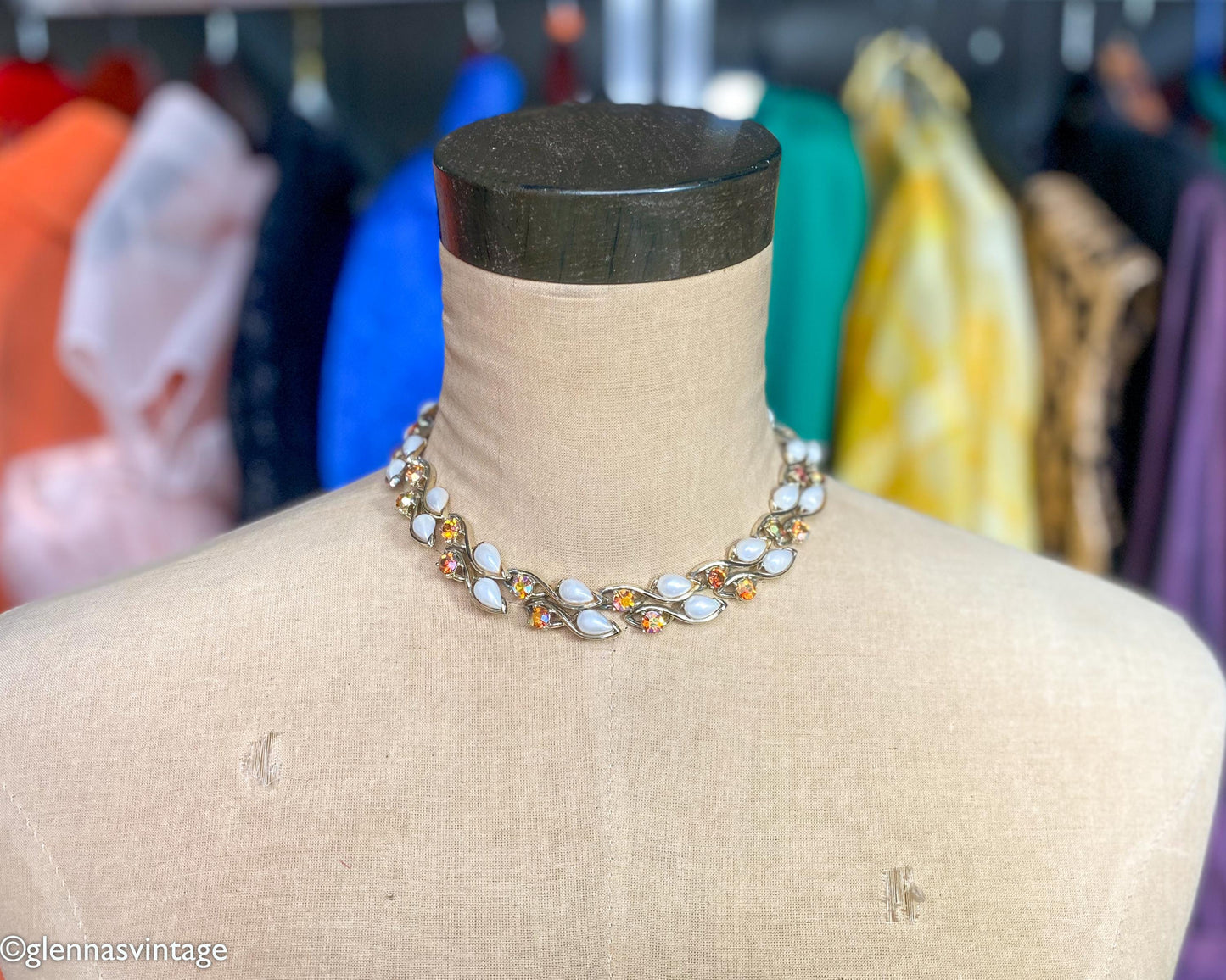 1950s BSK Rhinestone Evening Necklace l Topaz & Pearl Choker