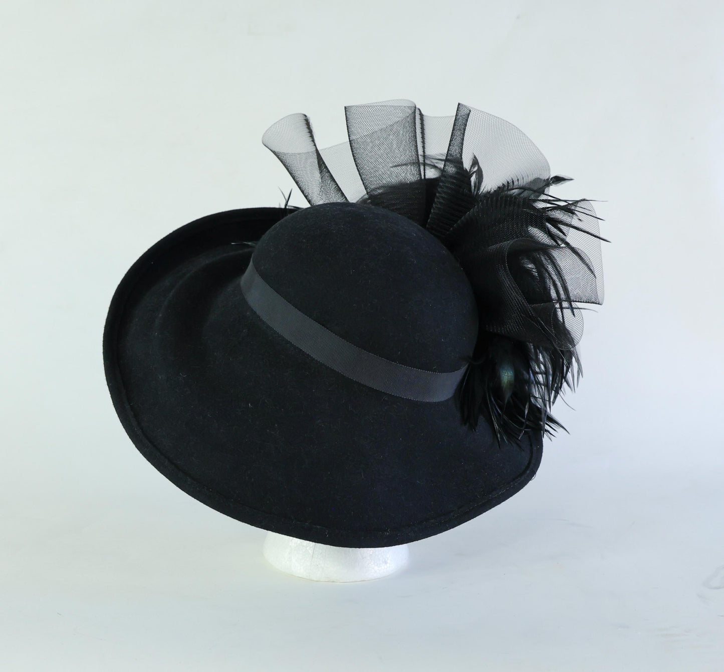 1980s Black Wide Brim Feather Hat