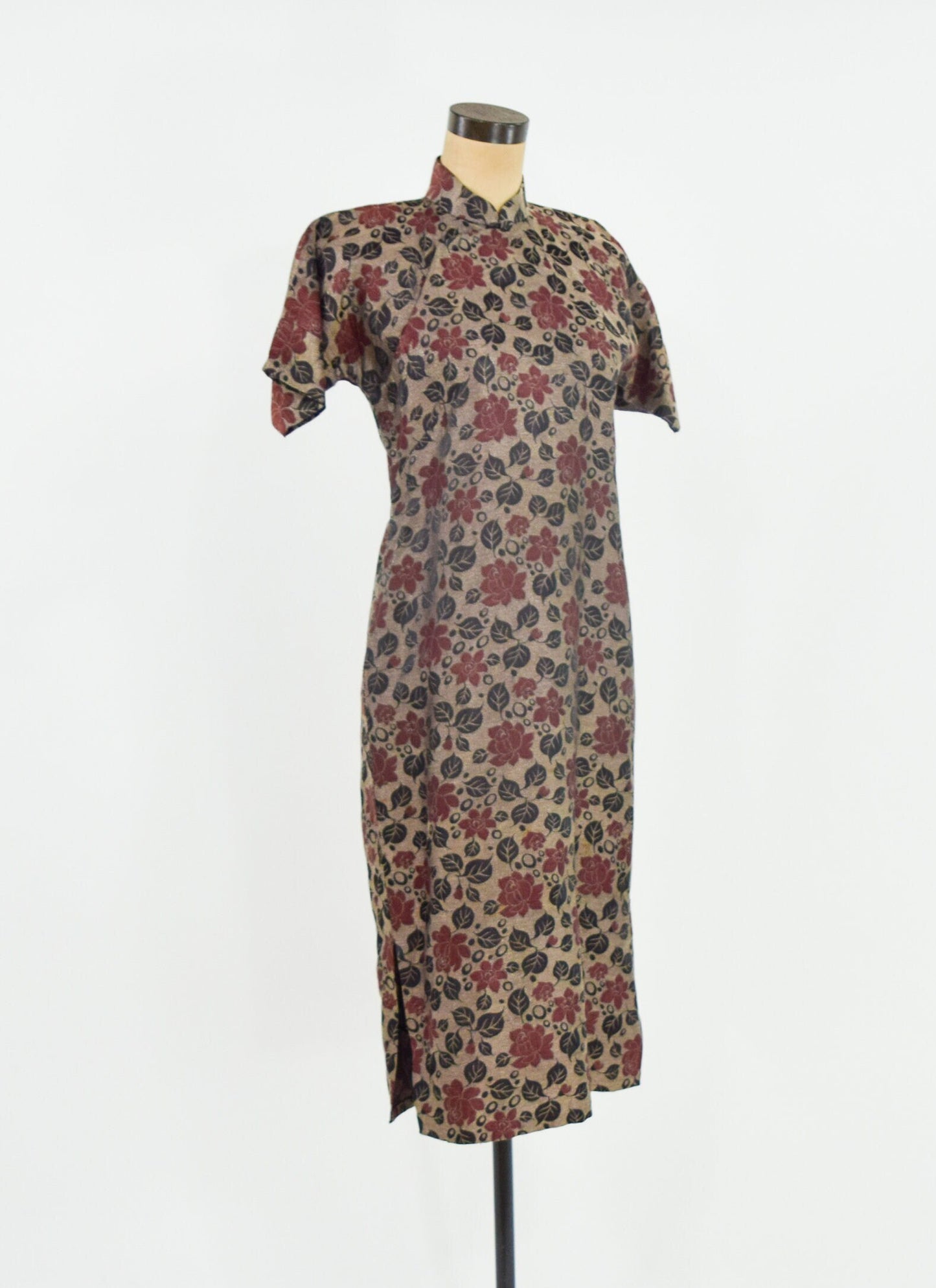 1950s Bronze & Burgundy Brocade Lamé Cheongsam Dress, Medium
