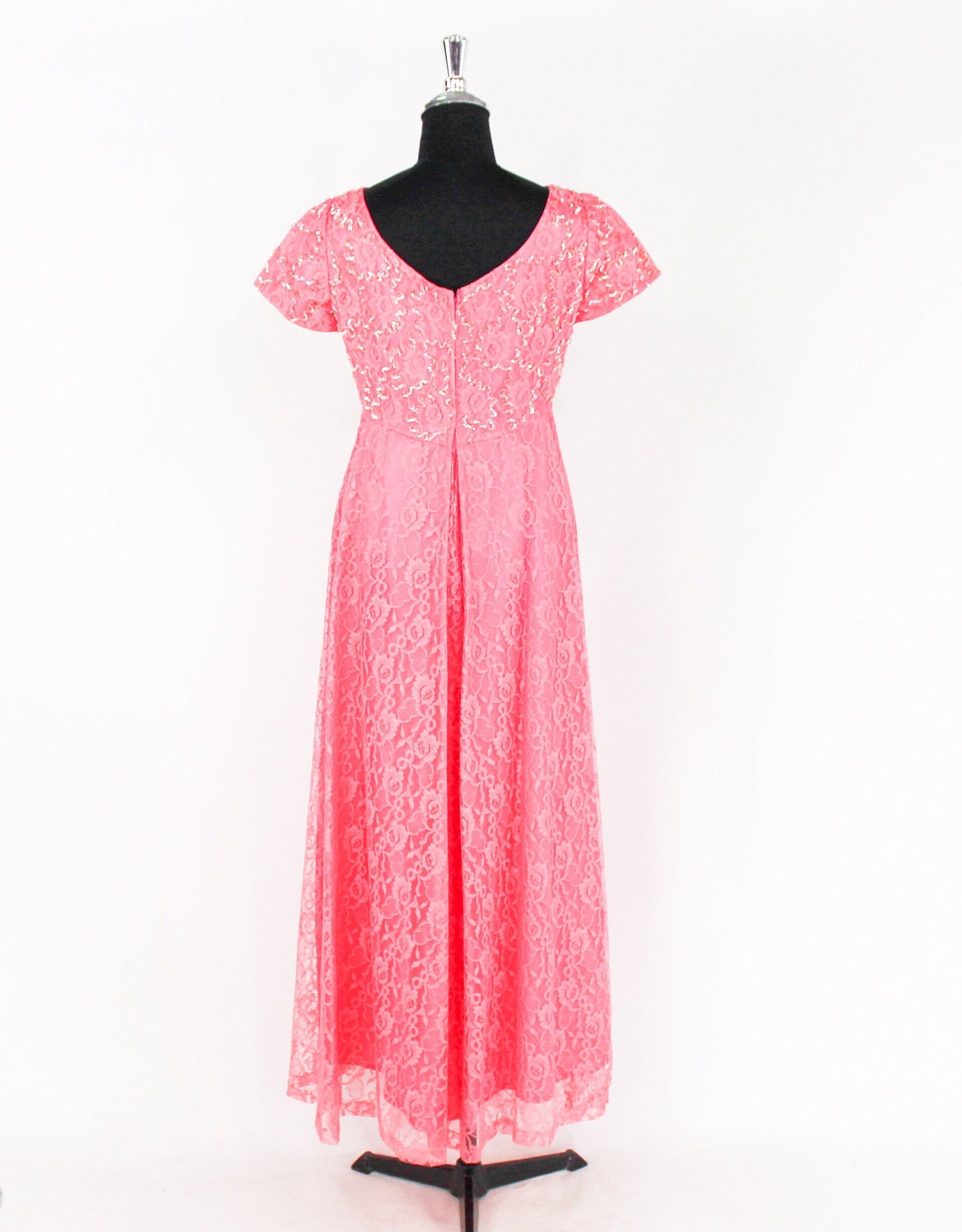 1950s Pink Lace & Sequin Formal Evening Dress, Medium